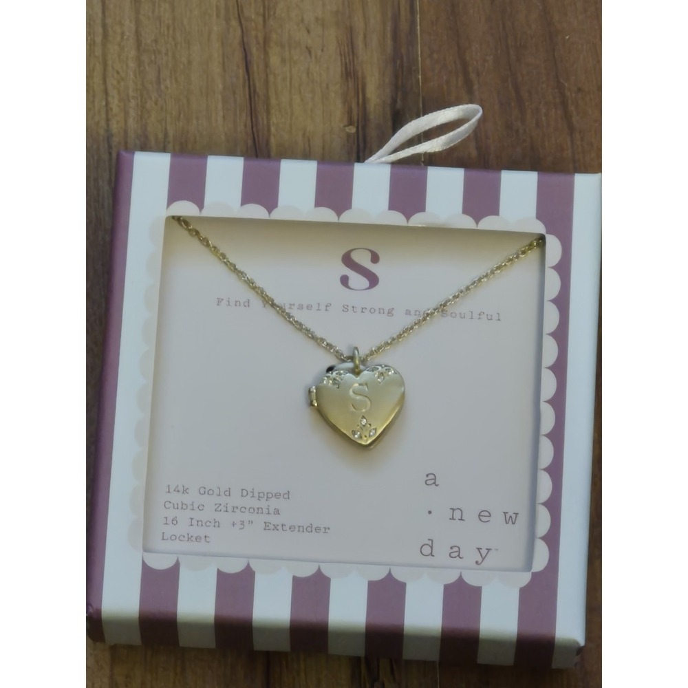 A New Day Initial S 14K Gold Dipped Heart Locket Necklace Cubic Zirconia 16in